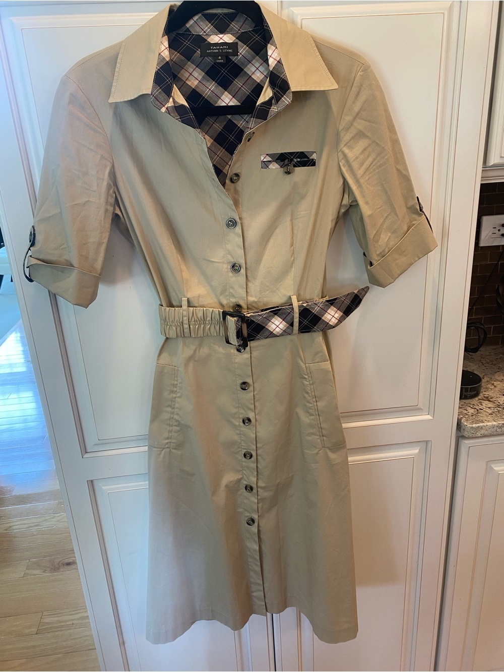 Tahari Khaki Shirt Midi Dress with Plaid Trim